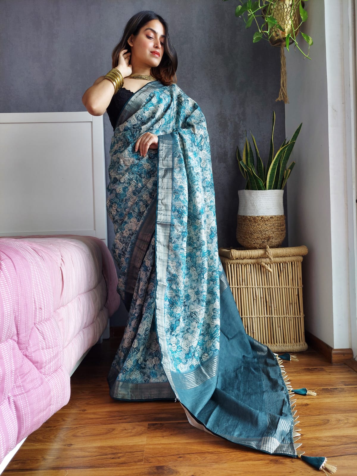 Beautiful  Kotha Silk Sky Blue  Color Digital Printed Saree