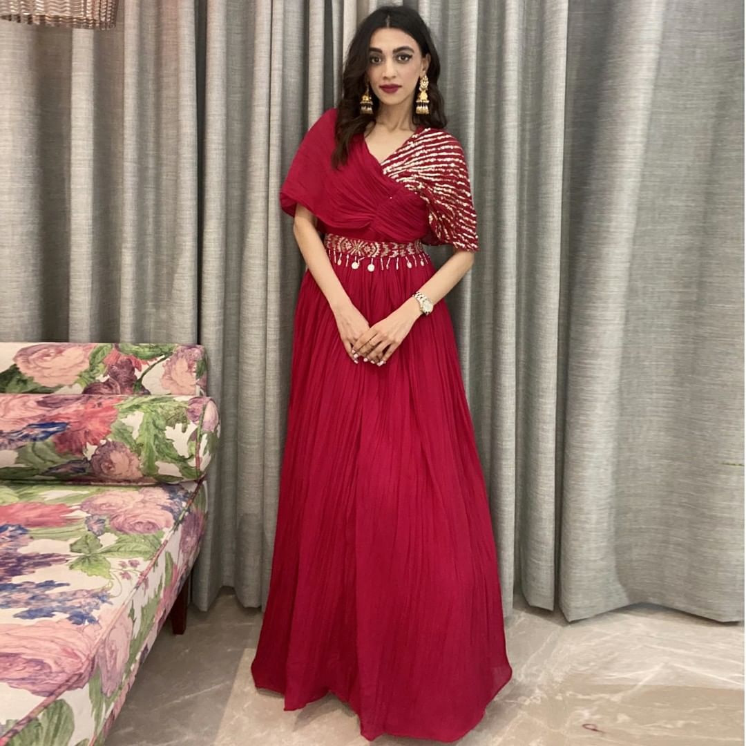 Festive Wear Red Color Gorgette Gown