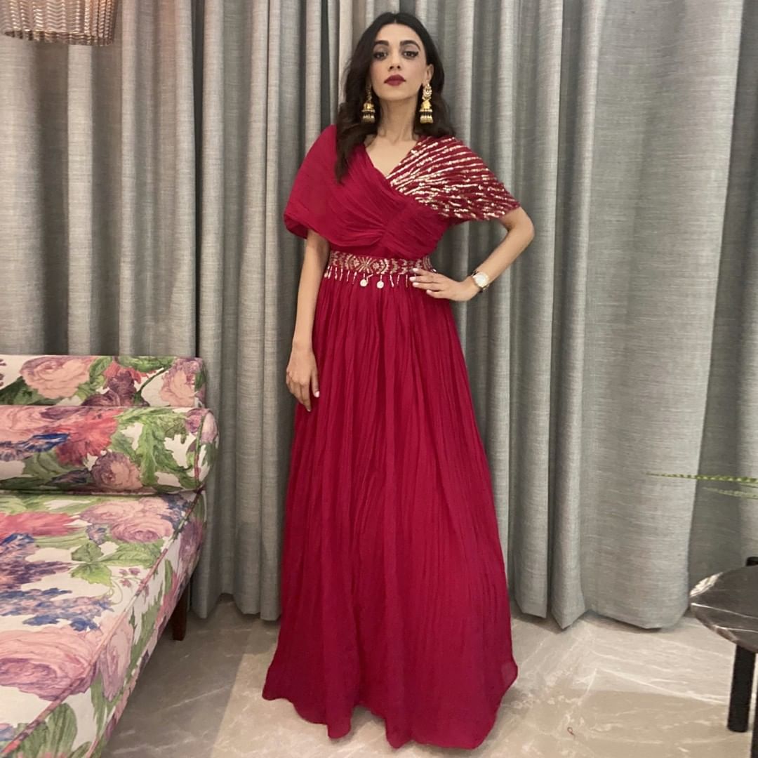 Festive Wear Red Color Gorgette Gown