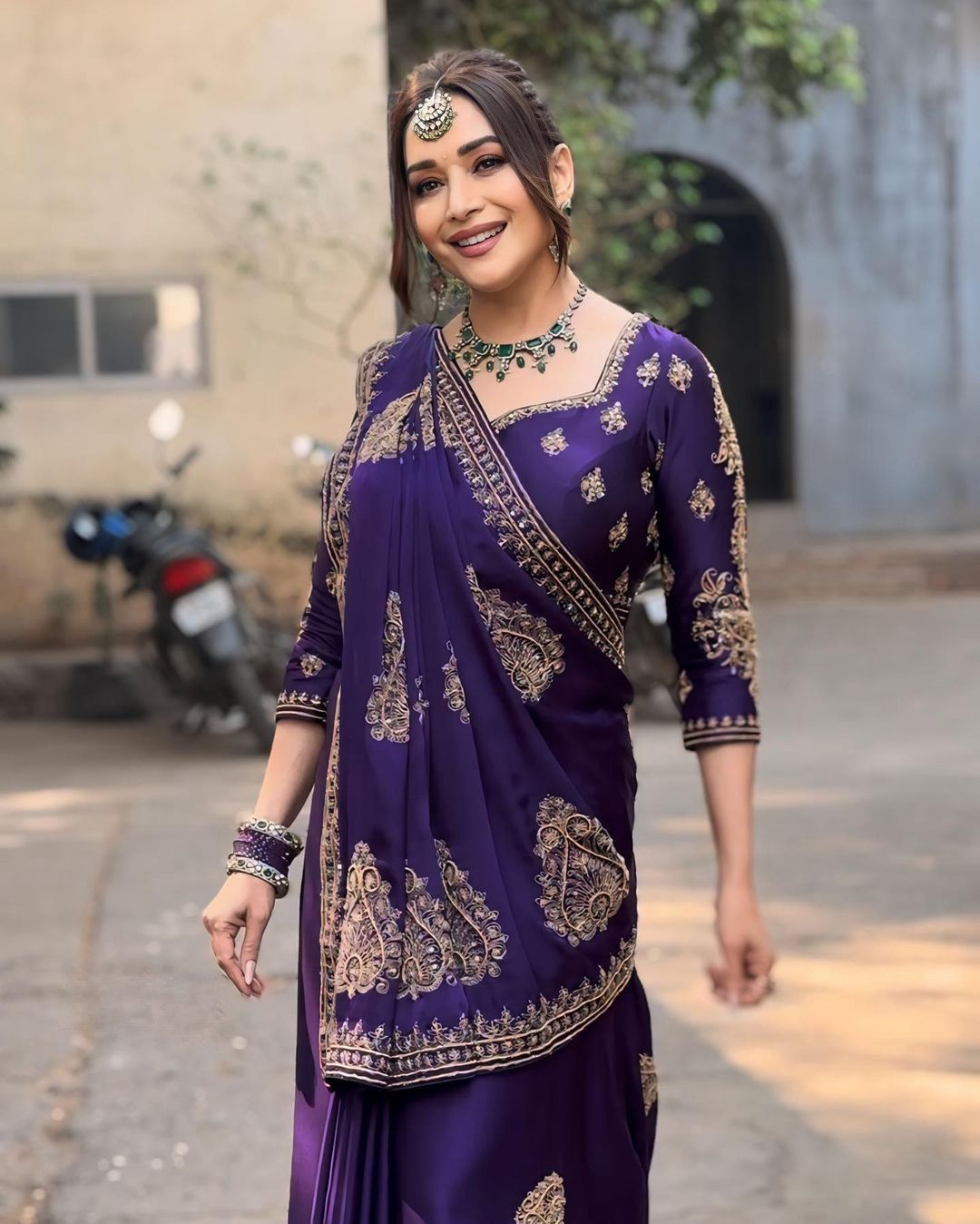 Madhuri Dixit Purple Color With Heavy Work Saree